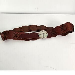 Vintage Garuglieri Italy Pebbled Leather Circle Belt Silver Engraved Buckle M